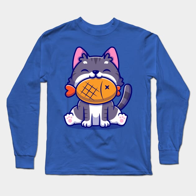 Cute Cat With Fish Cartoon Long Sleeve T-Shirt by Catalyst Labs